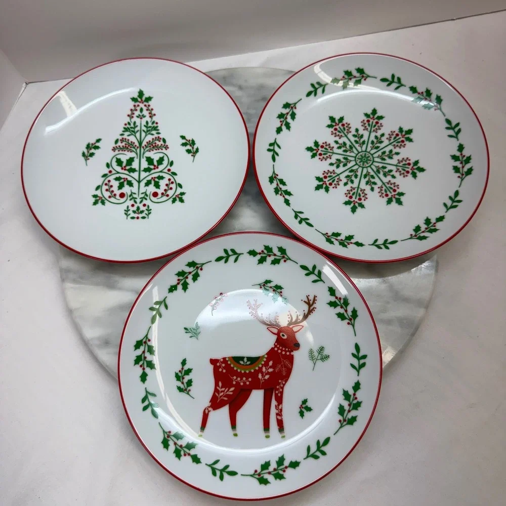 Bee & Willow Christmas Salad App Plates Set of 3 Reindeer Snowflake Tree 7 Inch